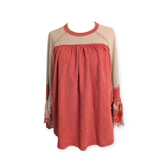 FREE PEOPLE We the Free XS Friday Fever Patterned Top peach pink patchwork - Picture 1 of 7